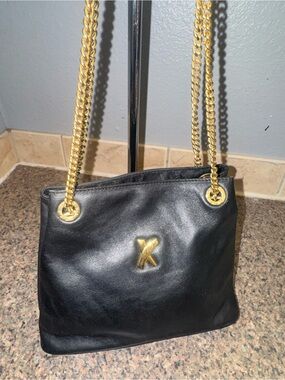 Paloma Picasso Black Leather Shoulder Bag with Gold Chain EUC